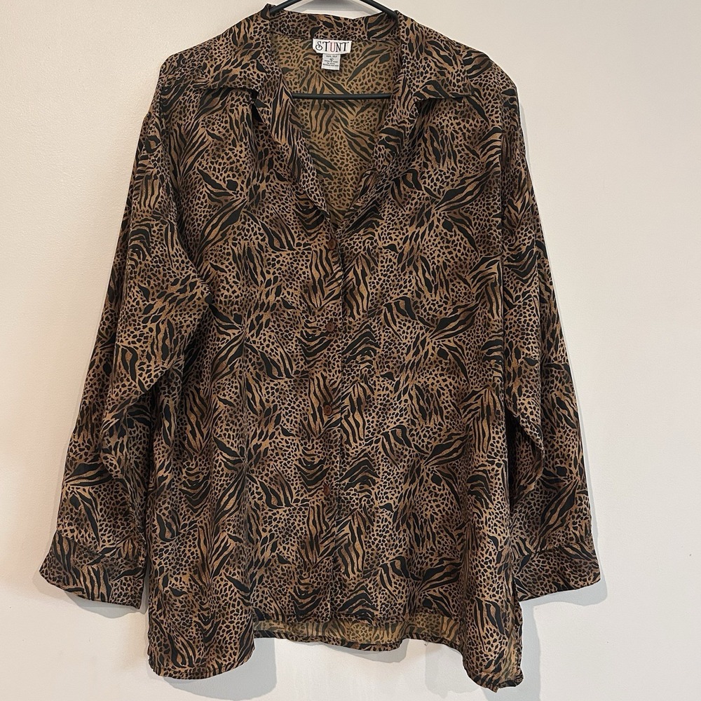 Vtg Stunt 100% Silk Blouse Sz L Animal Print Leopard Zebra Collared Button Up